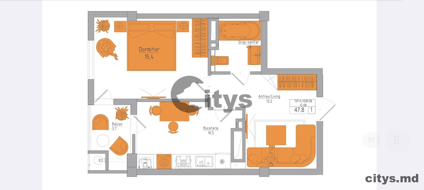 Apartament cu 1 cameră, 45m², Soseaua Hincesti photo 15 - citys.md Apartament cu 1 cameră, 45m², Soseaua Hincesti photo 14