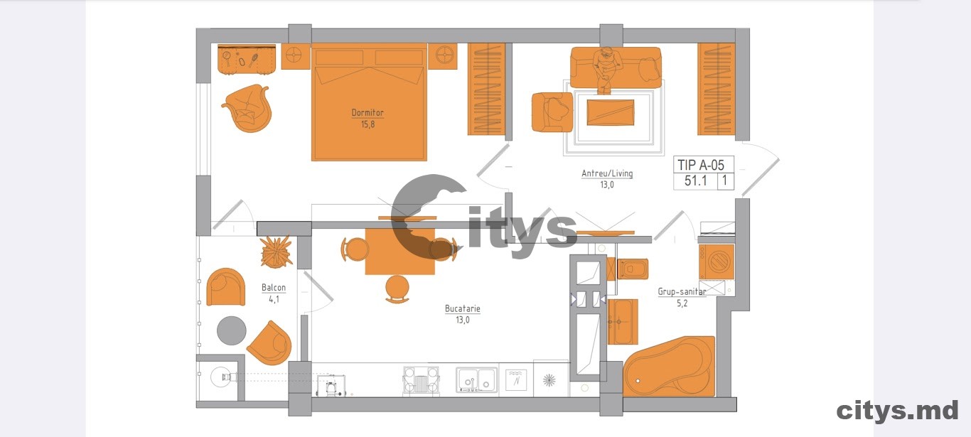 Apartament cu 1 cameră, 45m², Soseaua Hincesti photo 14 - citys.md Apartament cu 1 cameră, 45m², Soseaua Hincesti photo 13