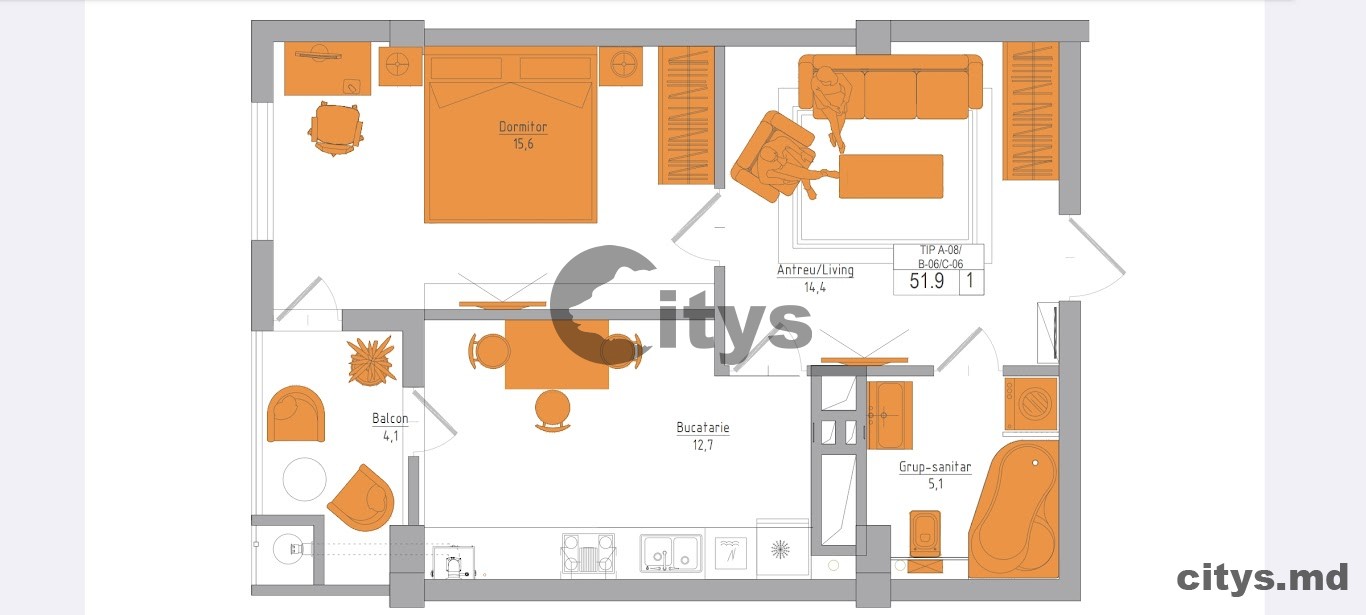 Apartament cu 1 cameră, 45m², Soseaua Hincesti photo 13 - citys.md Apartament cu 1 cameră, 45m², Soseaua Hincesti photo 12