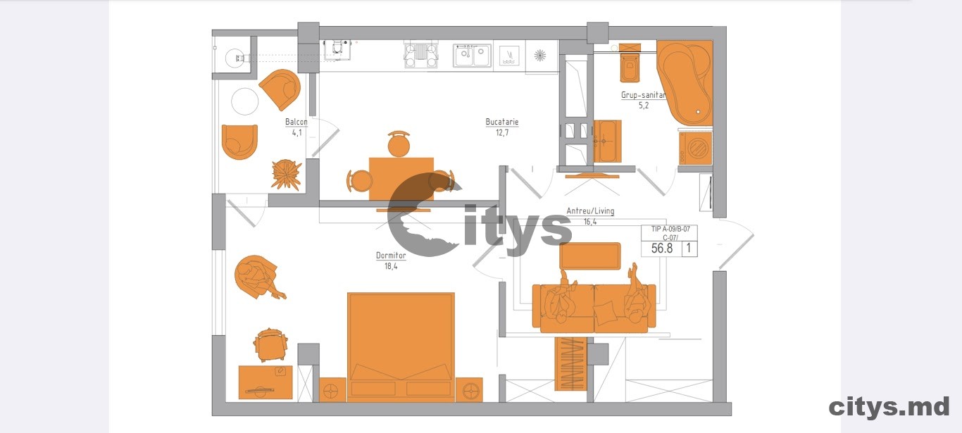Apartament cu 1 cameră, 45m², Soseaua Hincesti photo 12 - citys.md Apartament cu 1 cameră, 45m², Soseaua Hincesti photo 11