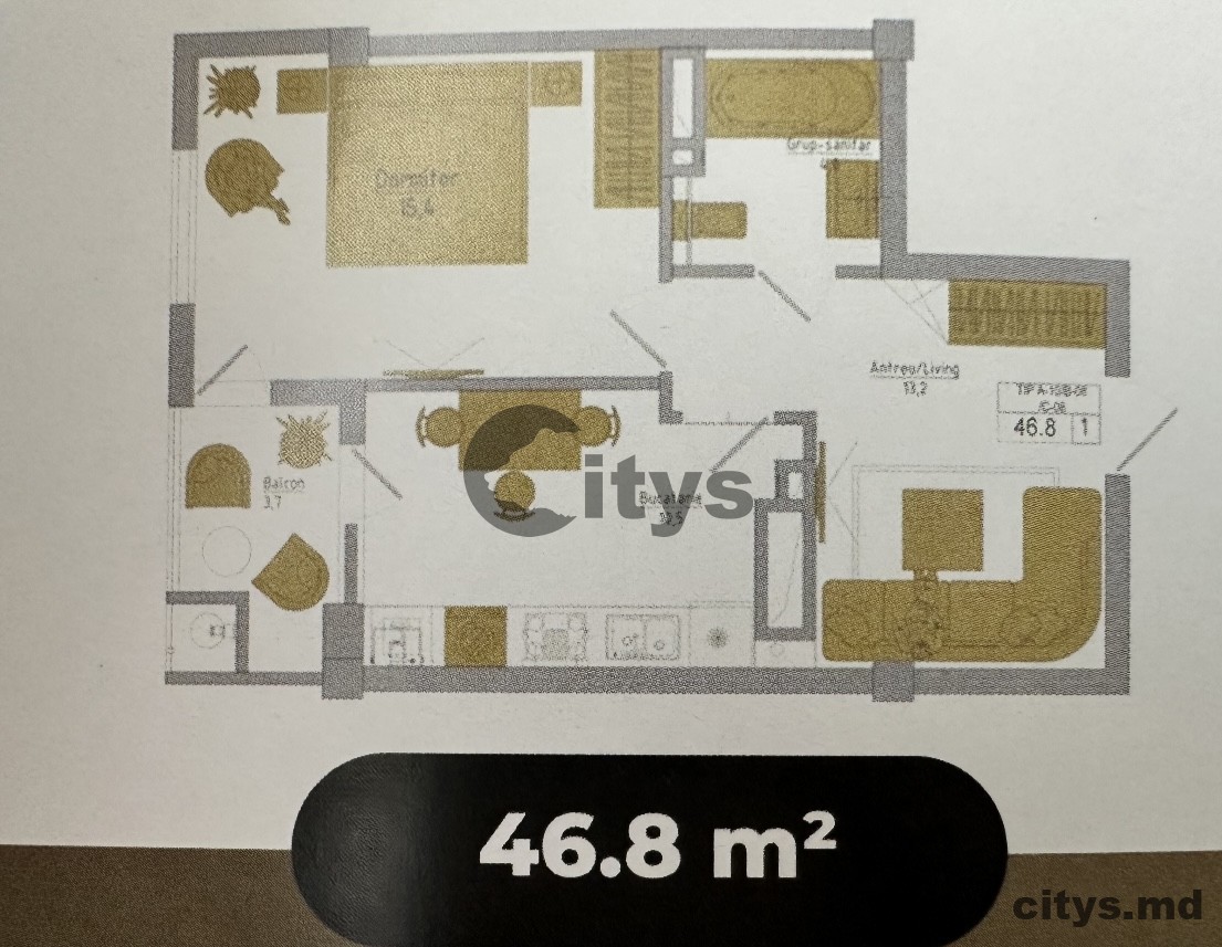 Apartament cu 1 cameră, 46m², Șoseaua Hîncești photo 1 - citys.md Apartament cu 1 cameră, 46m², Șoseaua Hîncești photo 0