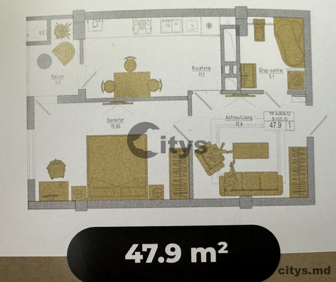 Apartament cu 1 cameră, 46m², Șoseaua Hîncești photo 11 - citys.md Apartament cu 1 cameră, 46m², Șoseaua Hîncești photo 10