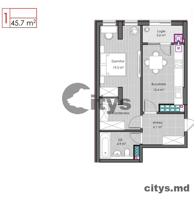 Apartament cu 1 cameră, 46m², Ialoveni, Ștefan cel Mare photo 2 - citys.md Apartament cu 1 cameră, 46m², Ialoveni, Ștefan cel Mare photo 1