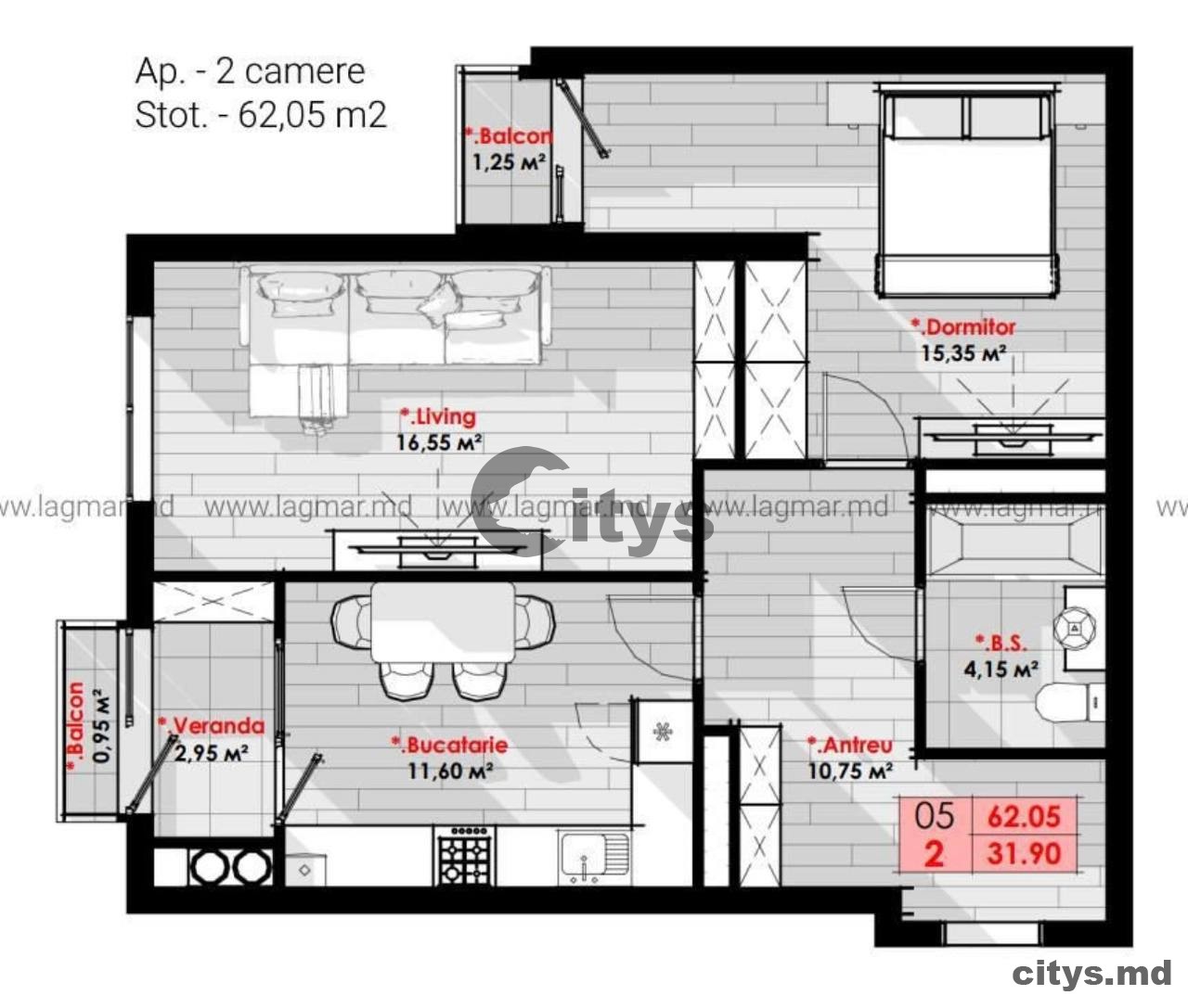 2-х комнатная квартира, 60м², Cornesti 7348 photo 9 - citys.md 2-х комнатная квартира, 60м², Cornesti 7348 photo 8